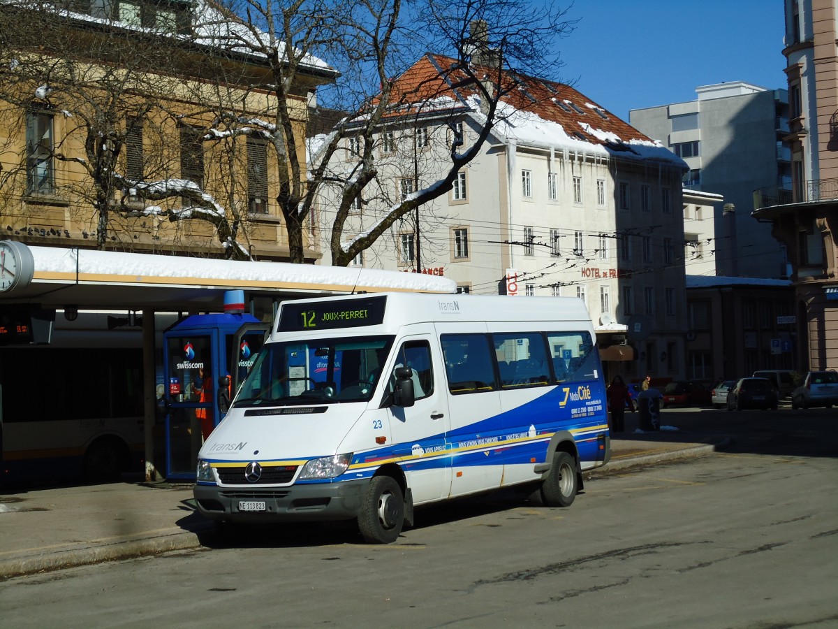 (143'242) - transN, La Chaux-de-Fonds - Nr. 23/NE 113'823 - Mercedes (ex MobiCit�, La Chaux-de-Fonds Nr. 23) am 19. Februar 2013 beim Bahnhof La Chaux-de-Fonds