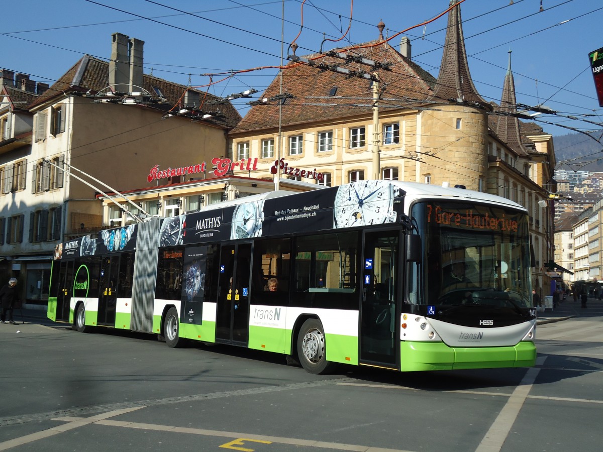 (143'284) - transN, La Chaux-de-Fonds - Nr. 143 - Hess/Hess Gelenktrolleybus (ex TN Neuch�tel Nr. 143) am 19. Februar 2013 in Neuch�tel, Place Pury