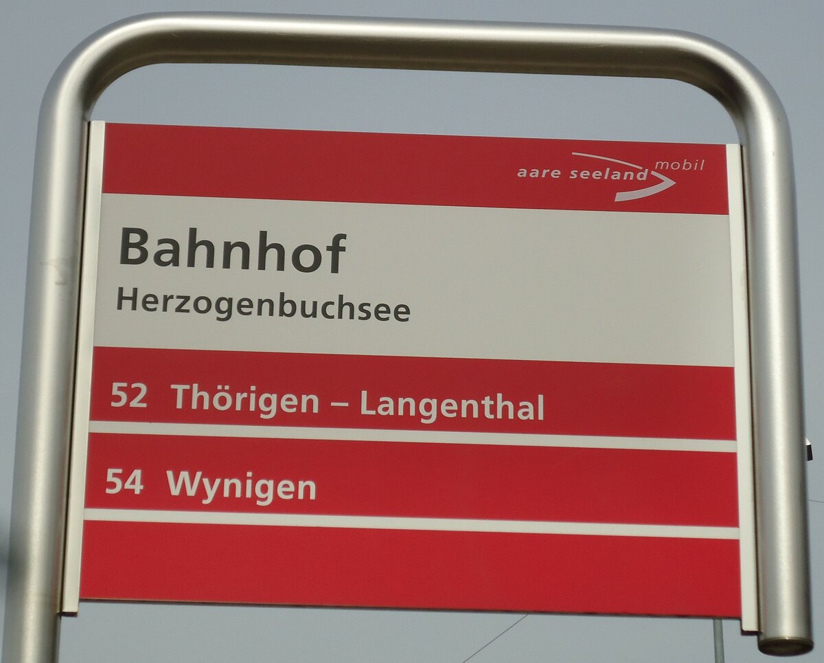 (143'494) - aare seeland mobil-Haltestellenschild - Herzogenbuchsee, Bahnhof - am 16. M�rz 2013