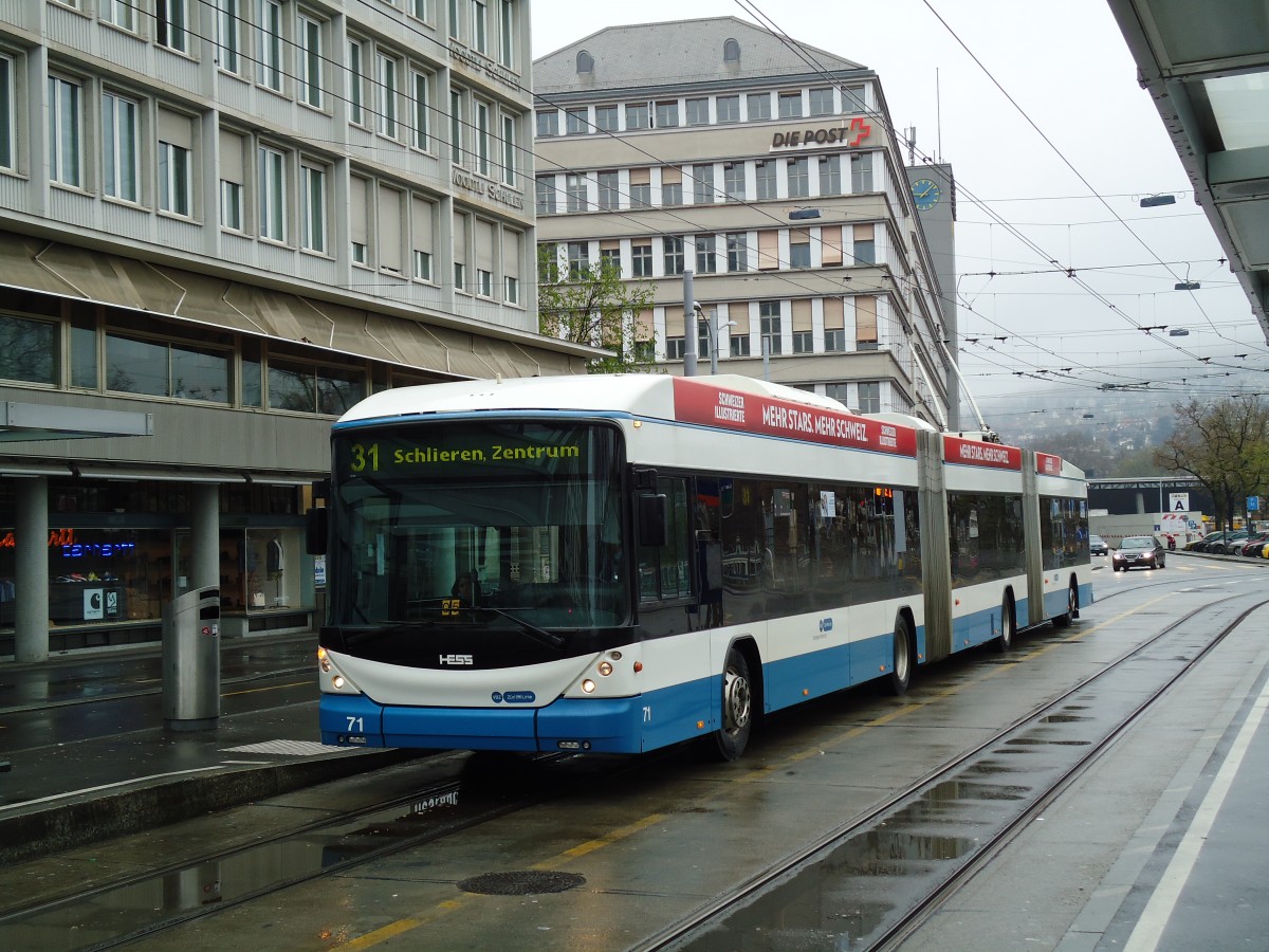 (143'719) - VBZ Z�rich - Nr. 71 - Hess/Hess Doppelgelenktrolleybus am 21. April 2013 in Z�rich, Sihlpost