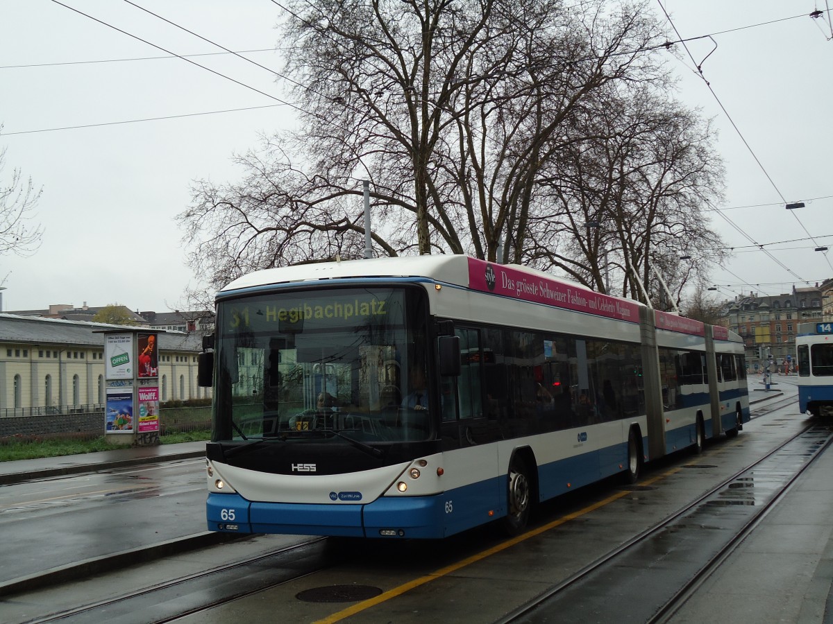 (143'724) - VBZ Z�rich - Nr. 65 - Hess/Hess Doppelgelenktrolleybus am 21. April 2013 in Z�rich, Sihlpost