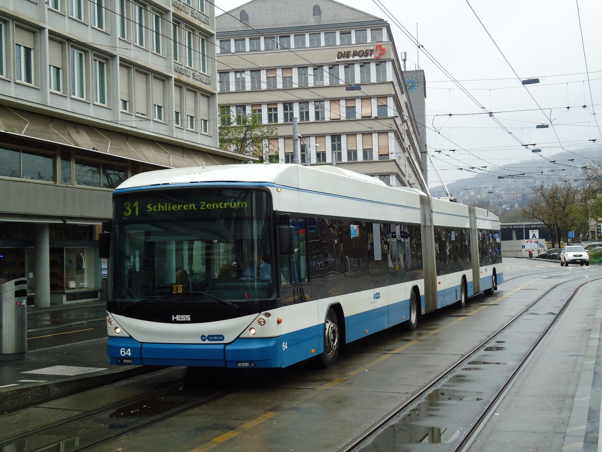 (143'725) - VBZ Z�rich - Nr. 64 - Hess/Hess Doppelgelenktrolleybus am 21. April 2013 in Z�rich, Sihlpost
