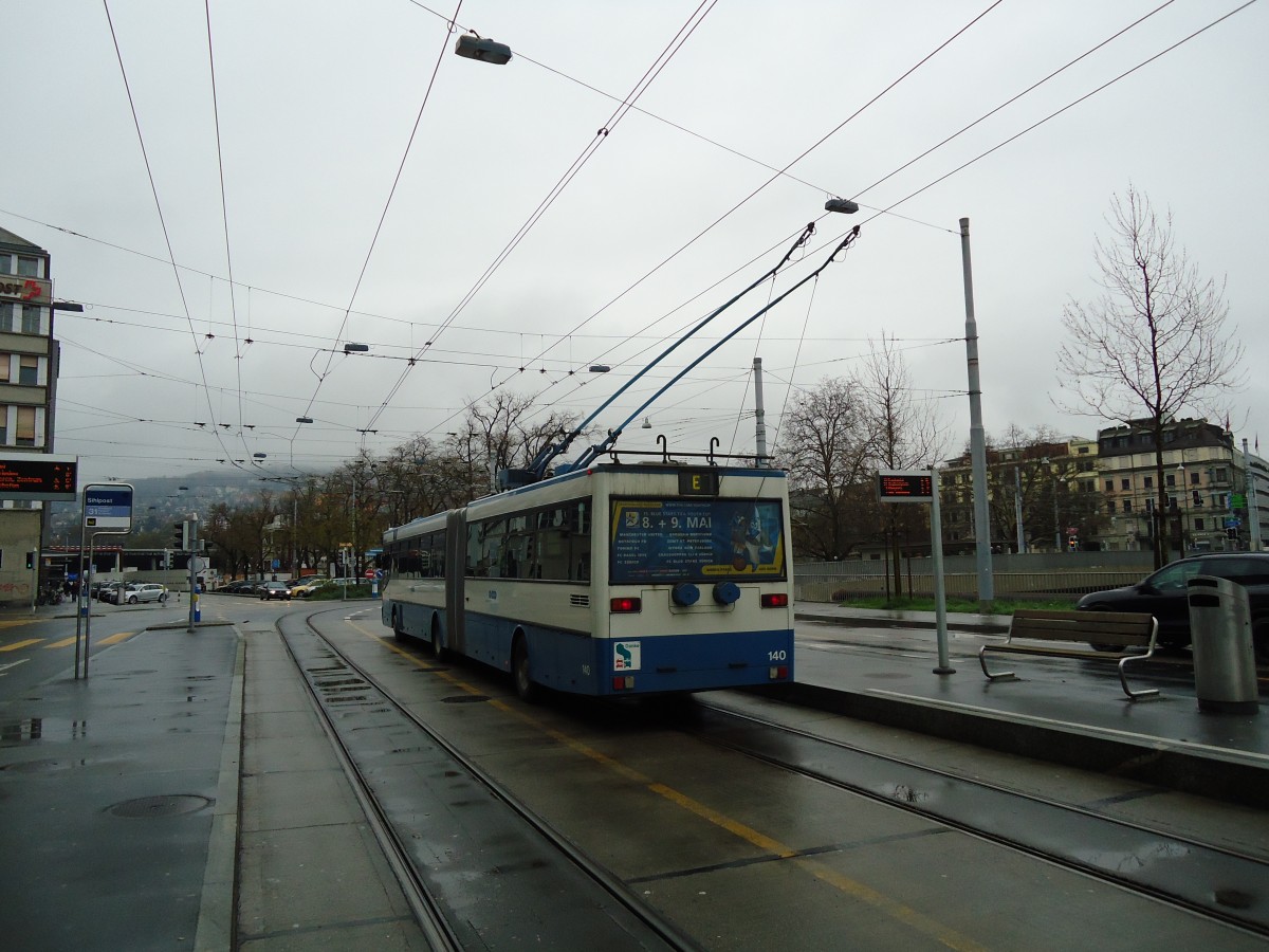 (143'727) - VBZ Z�rich - Nr. 140 - Mercedes Gelenktrolleybus am 21. April 2013 in Z�rich, Sihlpost