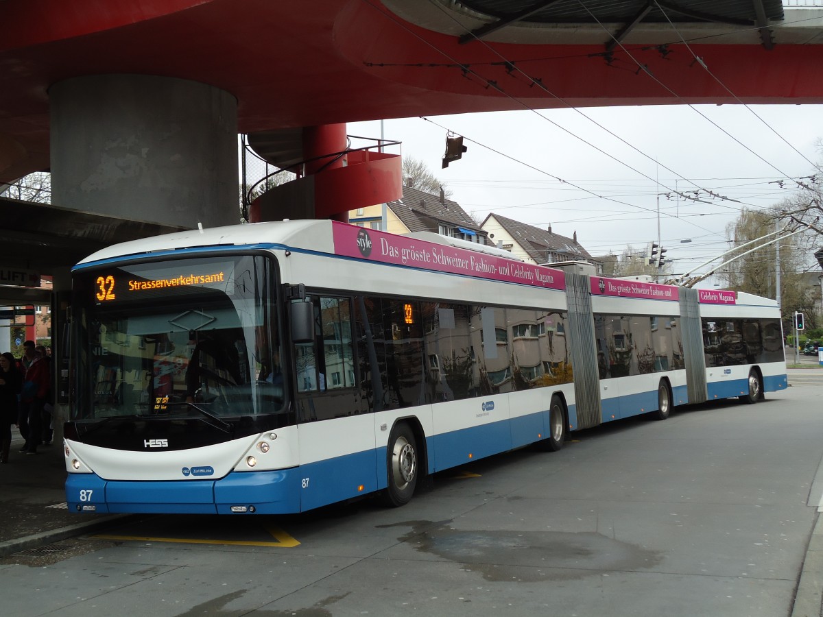 (143'809) - VBZ Z�rich - Nr. 87 - Hess/Hess Doppelgelenktrolleybus am 21. April 2013 in Z�rich, Bucheggplatz