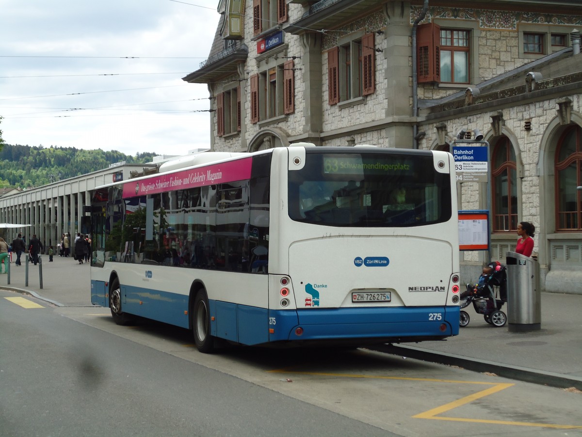 (144'437) - VBZ Z�rich - Nr. 275/ZH 726'275 - Neoplan am 20. Mai 2013 beim Bahnhof Z�rich-Oerlikon