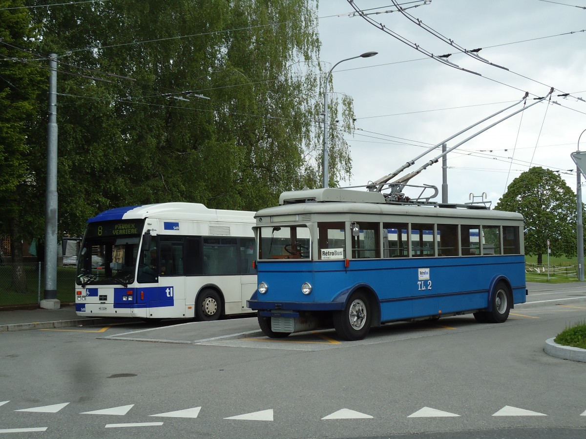 (144'624) - TL Lausanne (R�trobus) - Nr. 2 - FBW/Eggli Trolleybus (ex Nr. 3) am 26. Mai 2013 in Le Mont, Grand-Mont