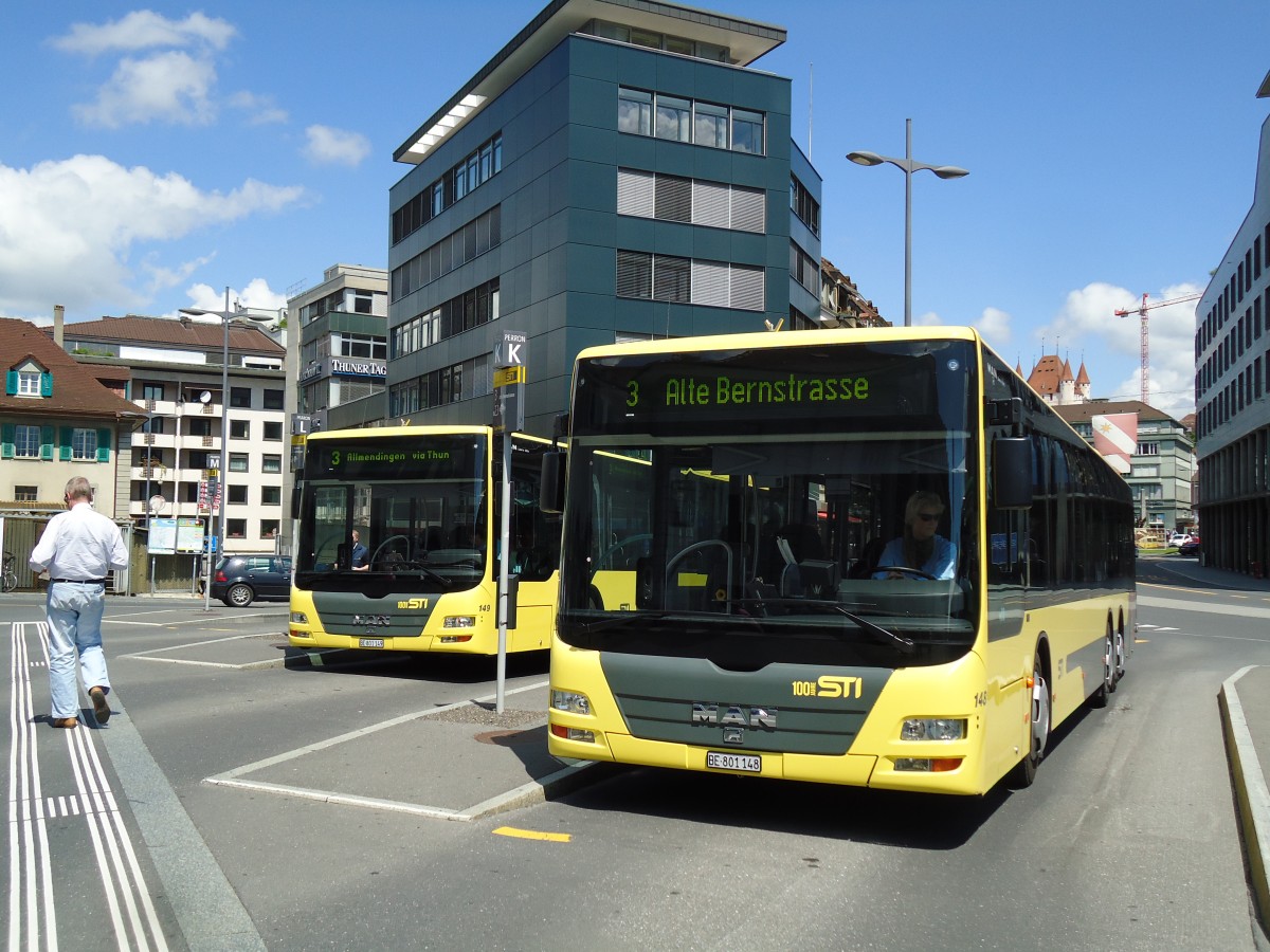 (145'549) - STI Thun - Nr. 148/BE 801'148 - MAN am 30. Juni 2013 beim Bahnhof Thun