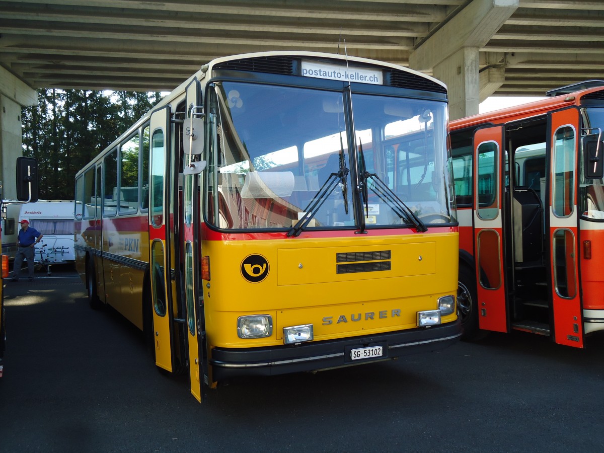 (145'807) - Keller, Niederwil - Nr. 4/SG 53'102 - Saurer/R&J (ex Keller, Hottwil Nr. 5; ex 25'303; ex P 25'354) am 20. Juli 2013 in Seewen, Senn Transporte