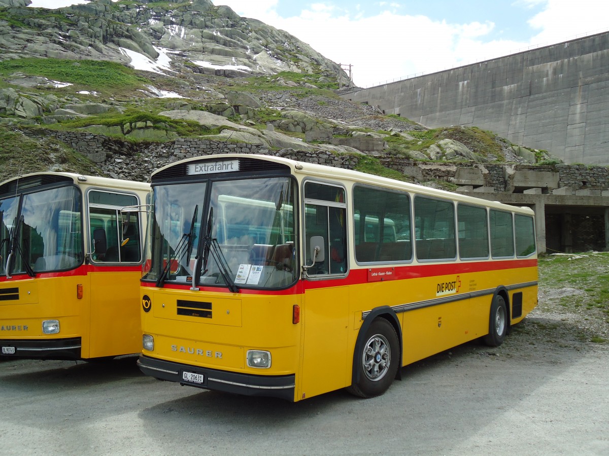 (145'936) - Schmid, Glarus - GL 20'631 - Saurer/T�scher (ex Mosimann, Aesch; ex Erne, Full; ex P 24'257) am 20. Juli 2013 in Gotthard, Lago di Lucendro
