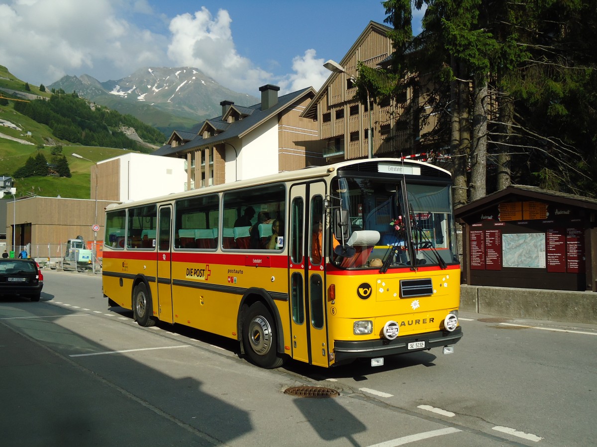 (145'979) - F�ssler, Unteriberg - Nr. 6/SZ 5232 - Saurer/R&J (ex Sch�rch, Gutenburg Nr. 6; ex P 24'358) am 20. Juli 2013 beim Bahnhof Andermatt