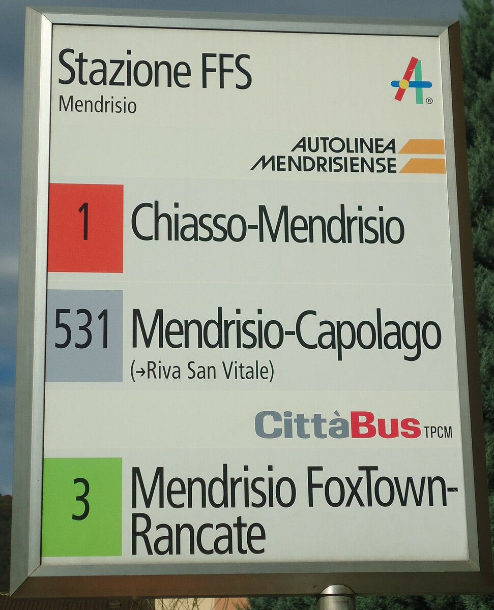 (147'845) - AUTOLINEA MENDRISIENSE/Citt�Bus-Haltestellenschild - Mendrisio, Stazione FFS - am 6. November 2013