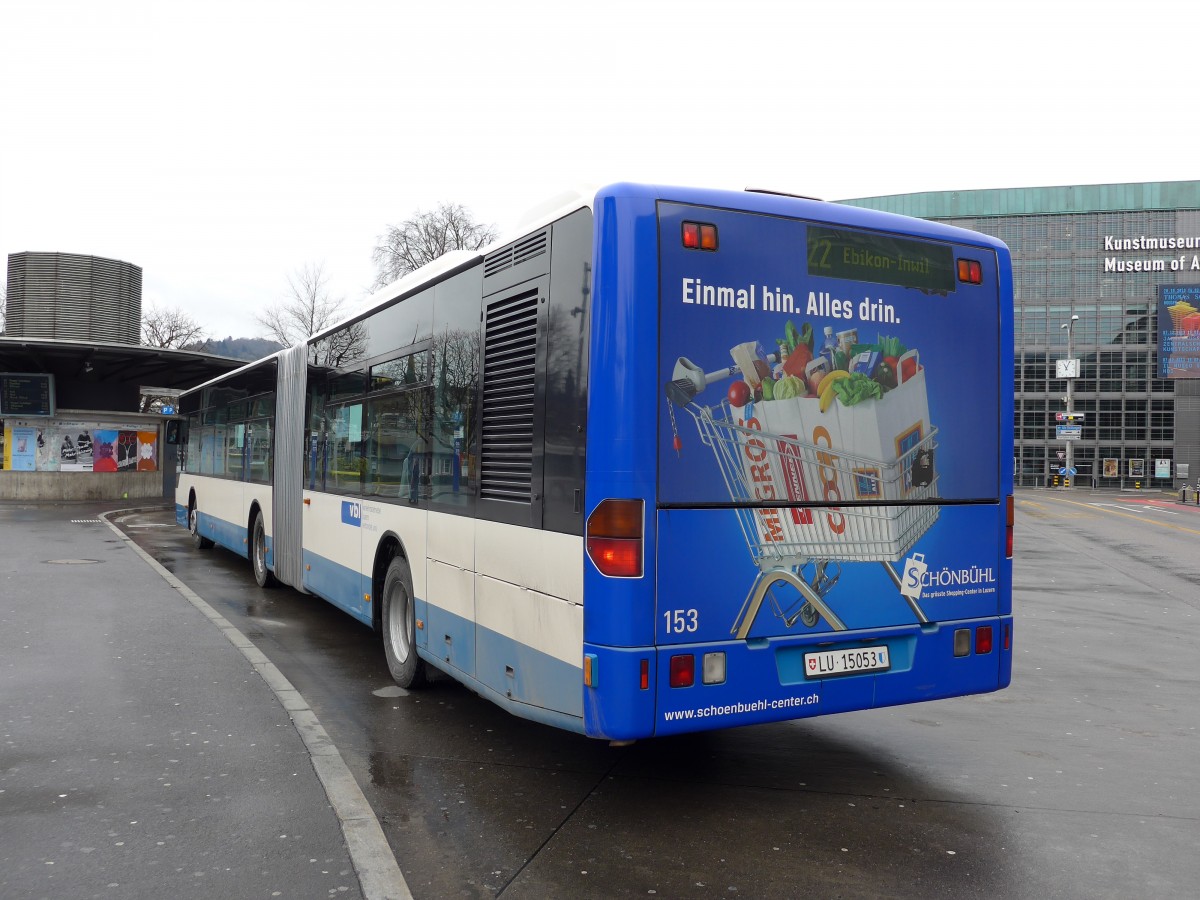 (148'922) - VBL Luzern - Nr. 153/LU 15'053 - Mercedes am 16. Februar 2014 beim Bahnhof Luzern