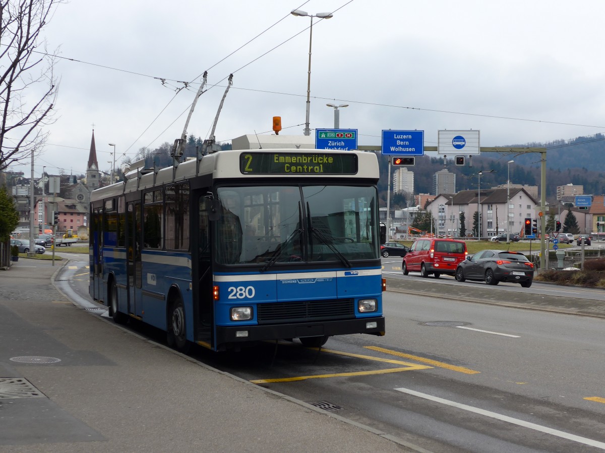 (148'965) - VBL Luzern - Nr. 280 - NAW/R&J-Hess Trolleybus am 16. Februar 2014 in Emmenbr�cke, Seetalplatz