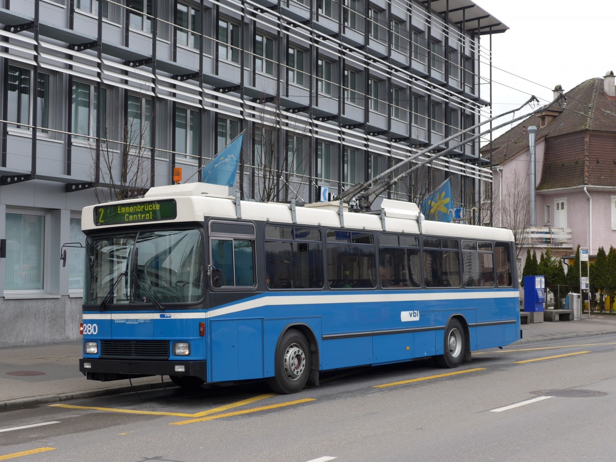(148'967) - VBL Luzern - Nr. 280 - NAW/R&J-Hess Trolleybus am 16. Februar 2014 in Emmenbr�cke, Seetalplatz