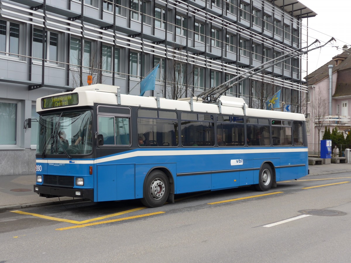 (148'968) - VBL Luzern - Nr. 280 - NAW/R&J-Hess Trolleybus am 16. Februar 2014 in Emmenbr�cke, Seetalplatz