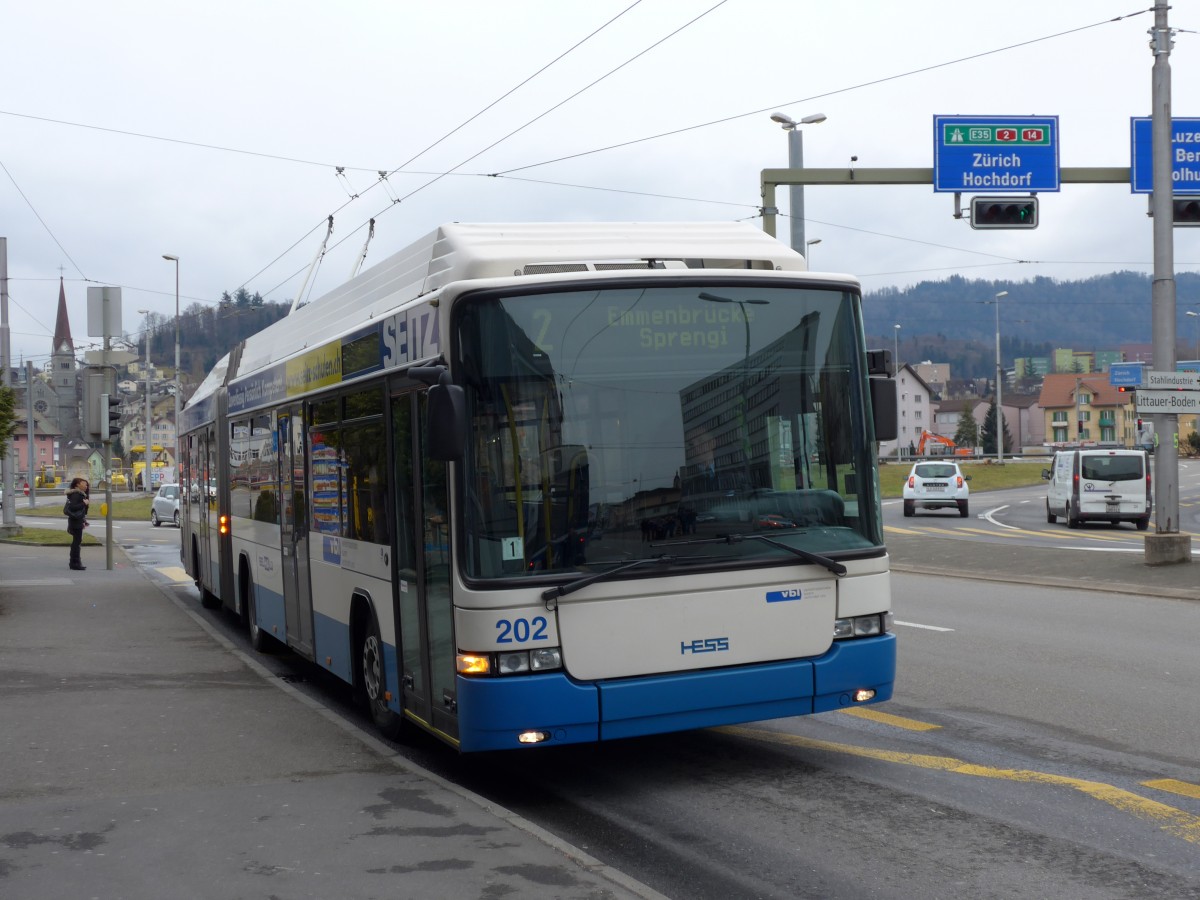 (148'971) - VBL Luzern - Nr. 202 - Hess/Hess Gelenktrolleybus am 16. Februar 2014 in Emmenbr�cke, Seetalplatz