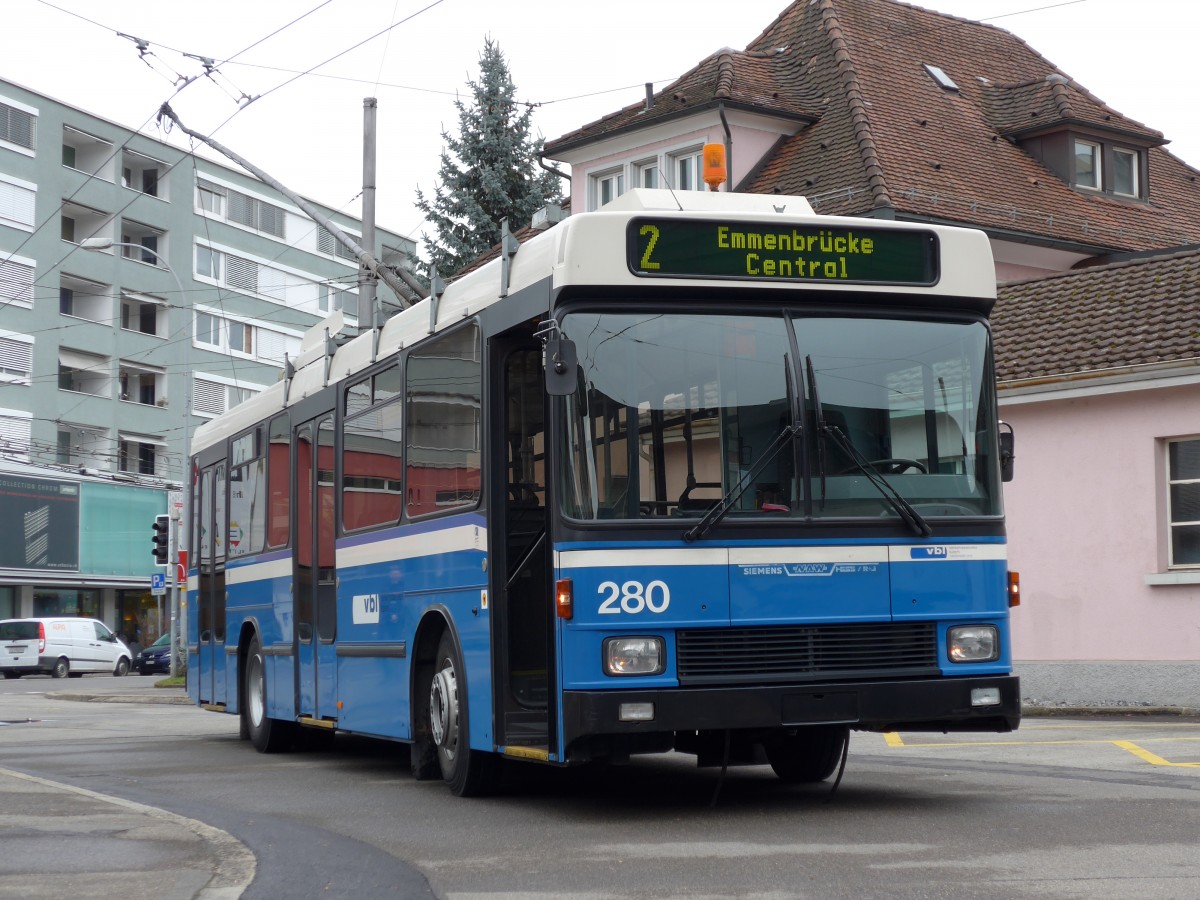 (148'979) - VBL Luzern - Nr. 280 - NAW/R&J-Hess Trolleybus am 16. Februar 2014 in Emmenbr�cke, Centalplatz
