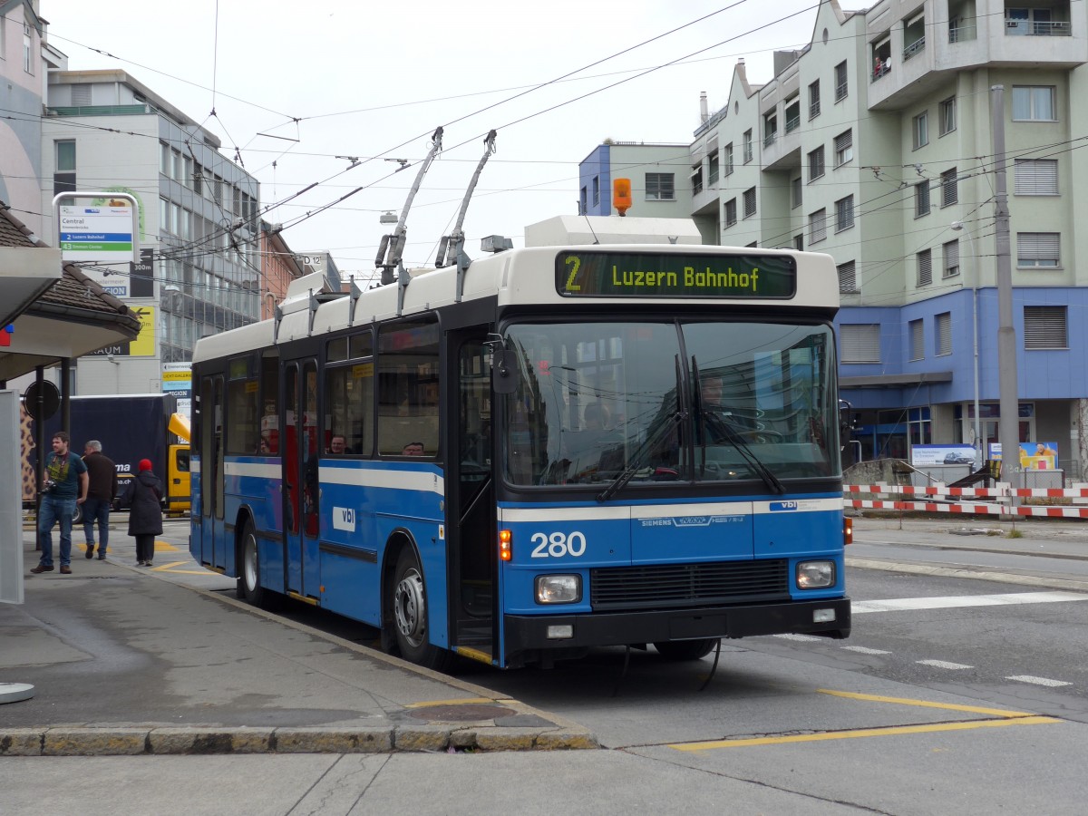 (148'987) - VBL Luzern - Nr. 280 - NAW/R&J-Hess Trolleybus am 16. Februar 2014 in Emmenbr�cke, Centralplatz