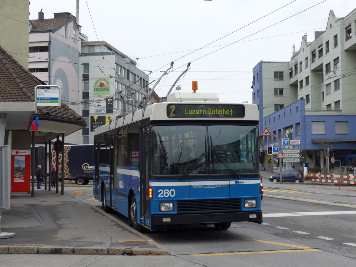 (148'988) - VBL Luzern - Nr. 280 - NAW/R&J-Hess Trolleybus am 16. Februar 2014 in Emmenbr�cke, Centralplatz