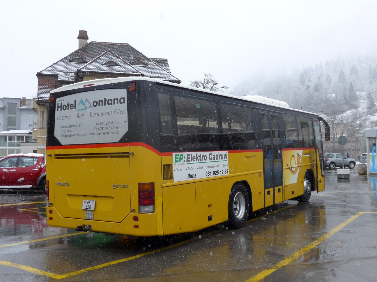 (149'072) - Fontana, Ilanz - Nr. 10/GR 326 - Volvo (ex Nr. 1) am 1. M�rz 2014 beim Bahnhof Ilanz