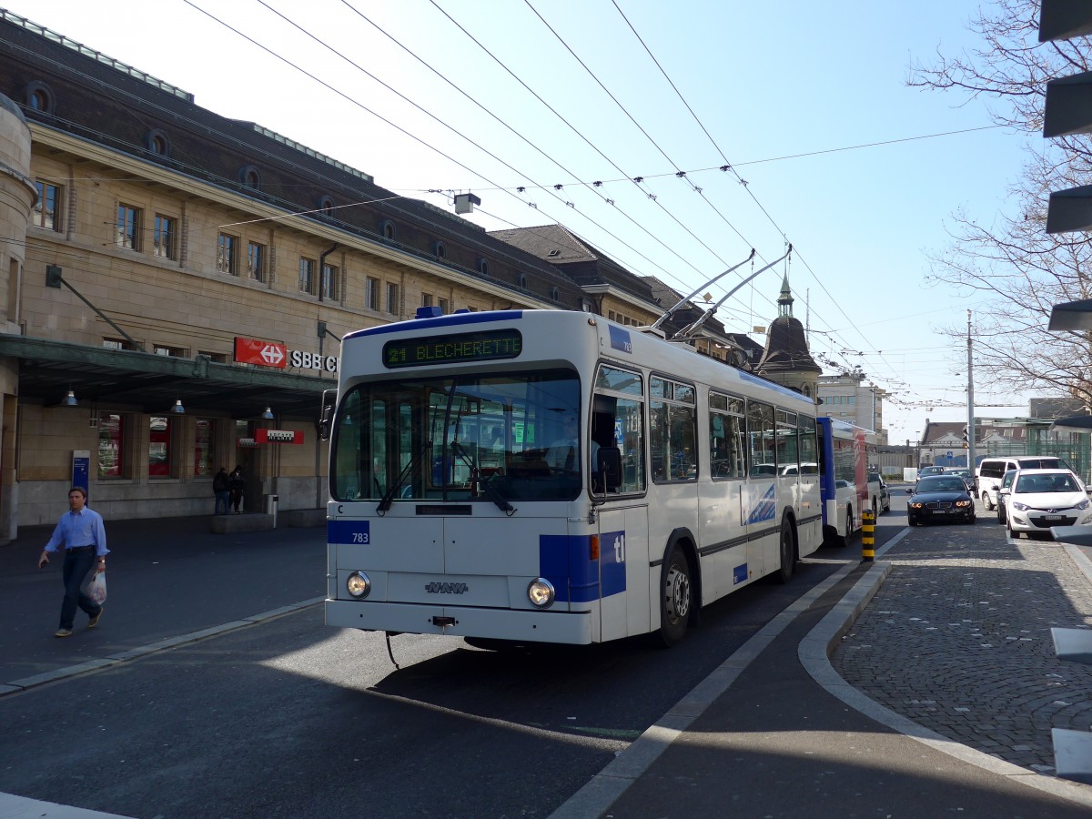 (149'254) - TL Lausanne - Nr. 783 - NAW/Lauber Trolleybus am 9. M�rz 2014 beim Bahnhof Lausanne