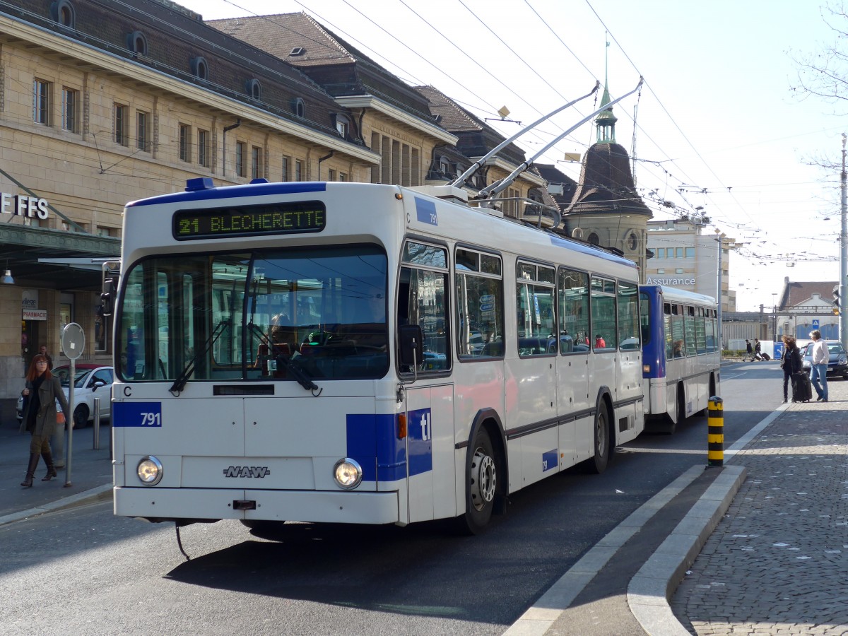 (149'262) - TL Lausanne - Nr. 791 - NAW/Lauber Trolleybus am 9. M�rz 2014 beim Bahnhof Lausanne