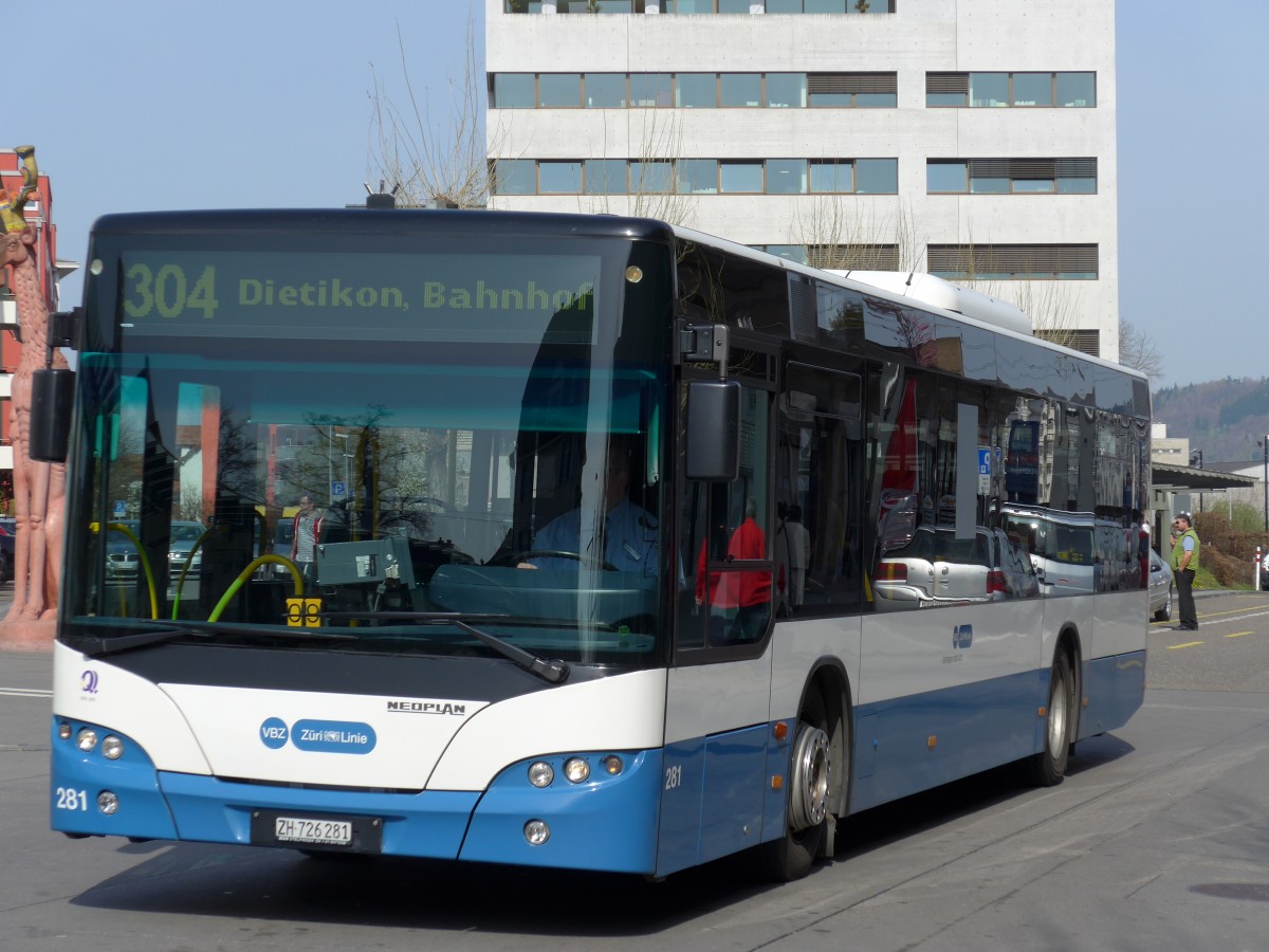 (149'453) - VBZ Z�rich - Nr. 281/ZH 726'281 - Neoplan am 31. M�rz 2014 beim Bahnhof Dietikon