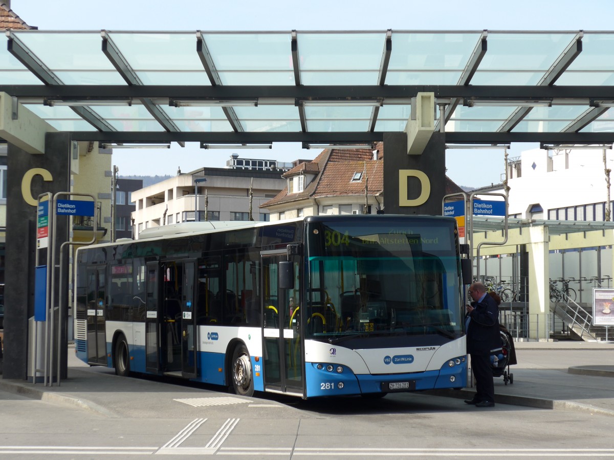 (149'455) - VBZ Z�rich - Nr. 281/ZH 726'281 - Neoplan am 31. M�rz 2014 beim Bahnhof Dietikon