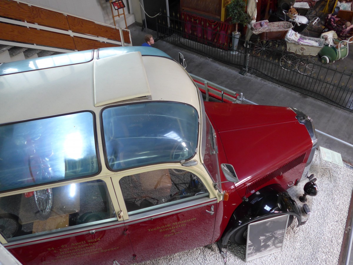 (149'960) - Museum, Sinsheim - Nr. 2 - Saurer/R&J (ex Renndienst-Fahrzeug; ex Sol�r&Fontana, Ilanz) am 25. April 2014 in Sinsheim, Museum (Teilaufnahme)