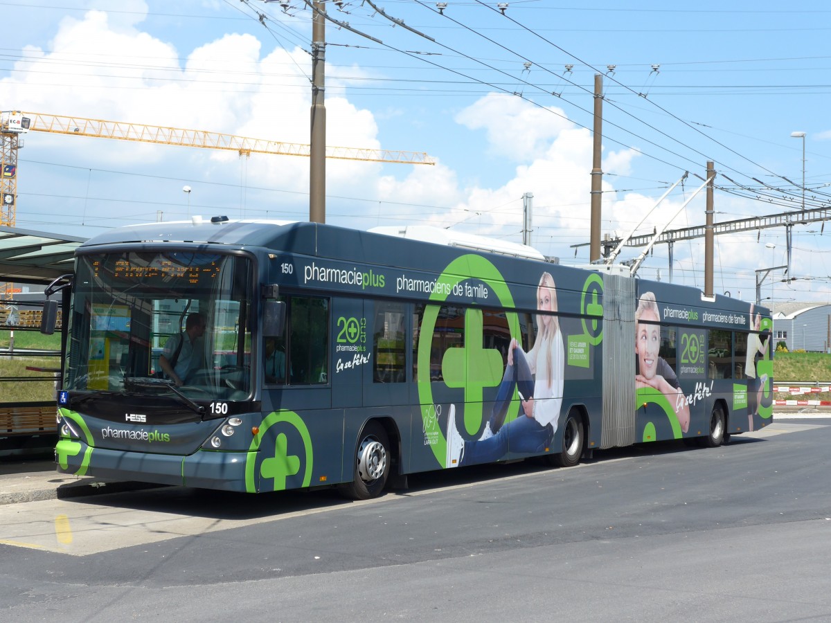 (151'471) - transN, La Chaux-de-Fonds - Nr. 150 - Hess/Hess Gelenktrolleybus (ex TN Neuch�tel Nr. 150) am 12. Juni 2014 beim Bahnhof Marin 