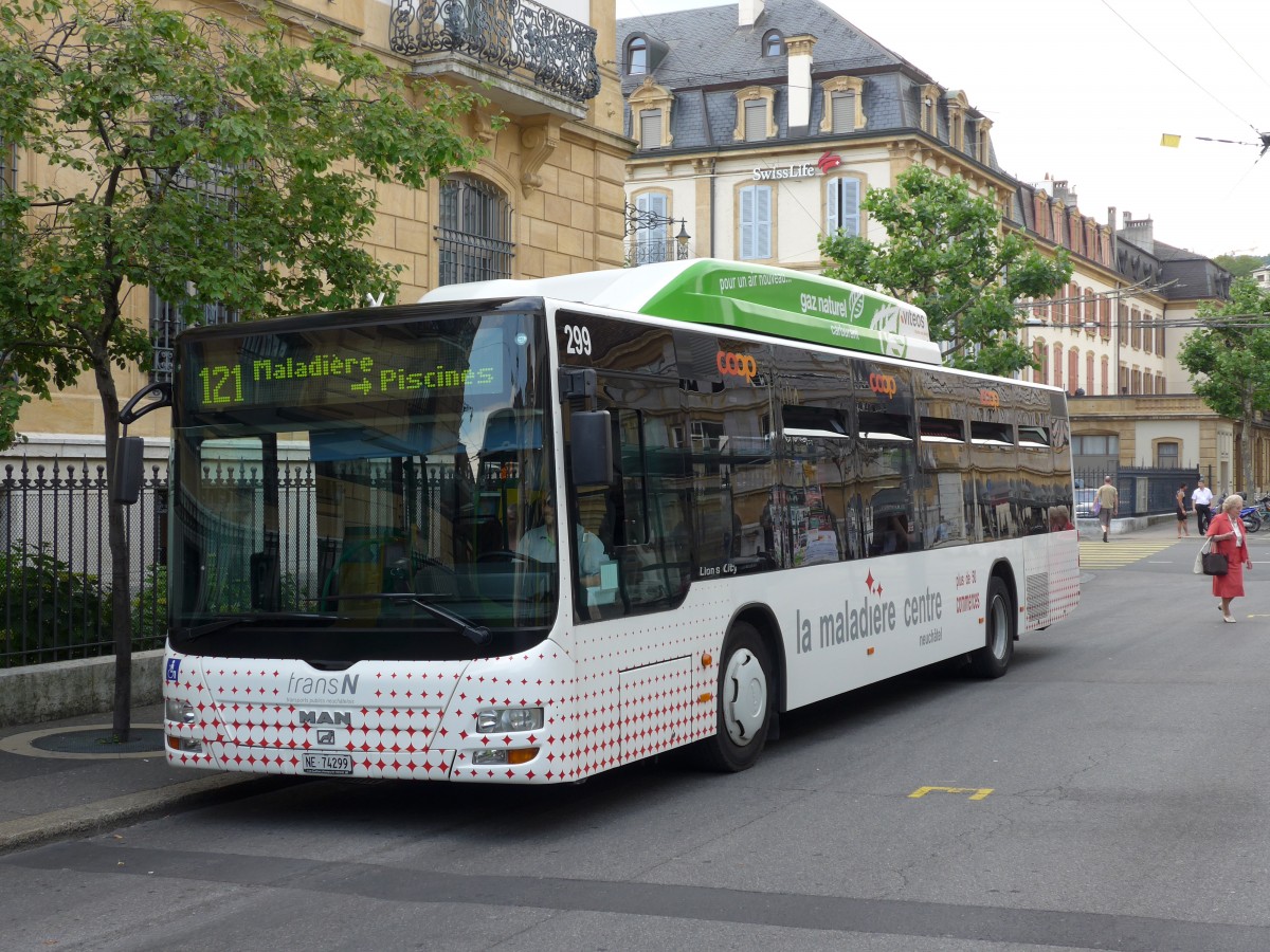 (151'495) - transN, La Chaux-de-Fonds - Nr. 299/NE 74'299 - MAN (ex TN Neuch�tel Nr. 299) am 12. Juni 2014 in Neuch�tel, Place Pury