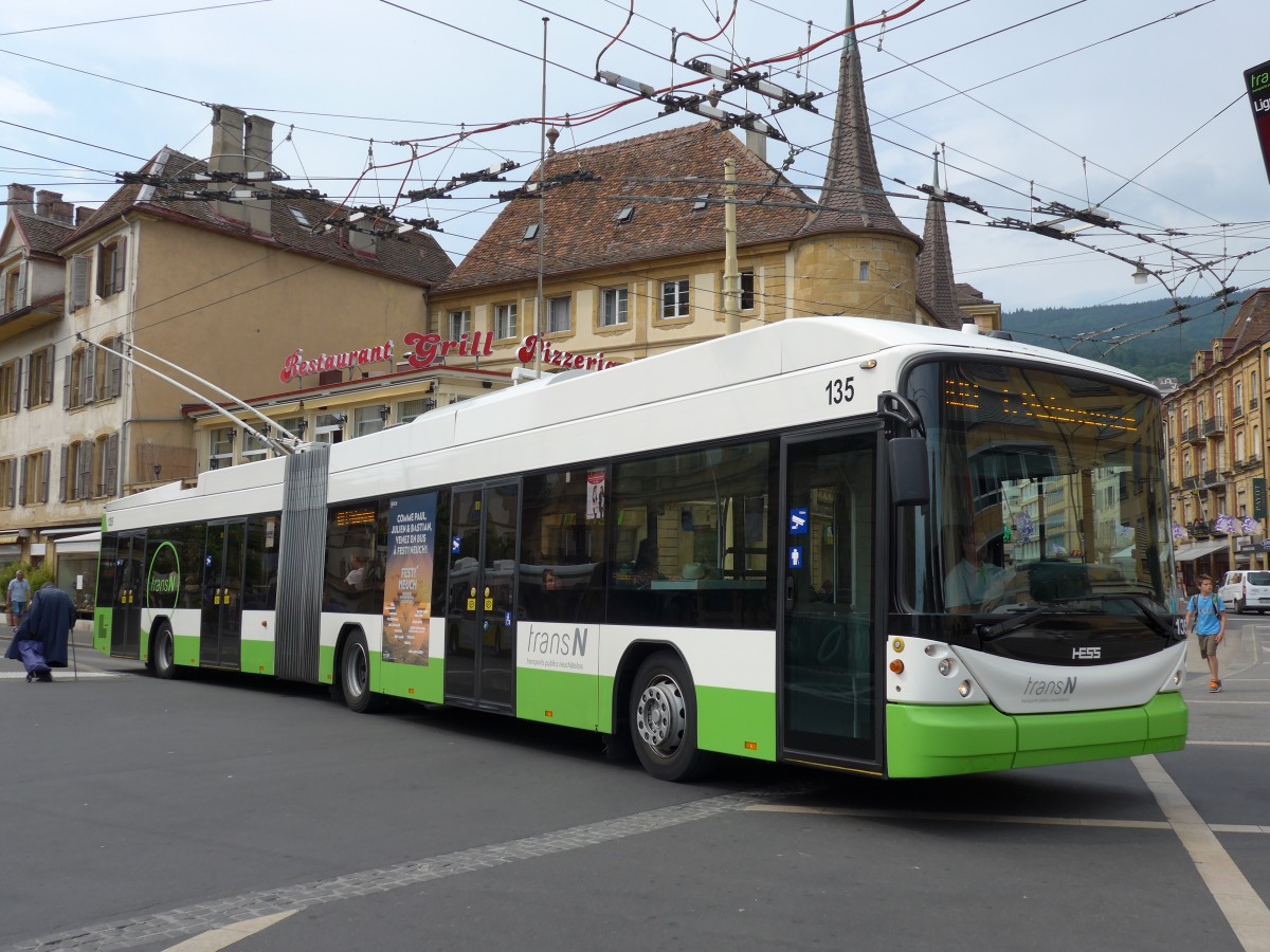 (151'506) - transN, La Chaux-de-Fonds - Nr. 135 - Hess/Hess Gelenktrolleybus (ex TN Neuch�tel Nr. 135) am 12. Juni 2014 in Neuch�tel, Place Pury