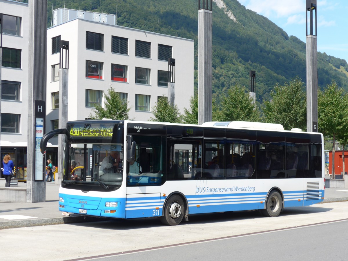 (154'347) - BSW Sargans - Nr. 311/SG 297'502 - MAN/G�ppel am 21. August 2014 beim Bahnhof Sargans