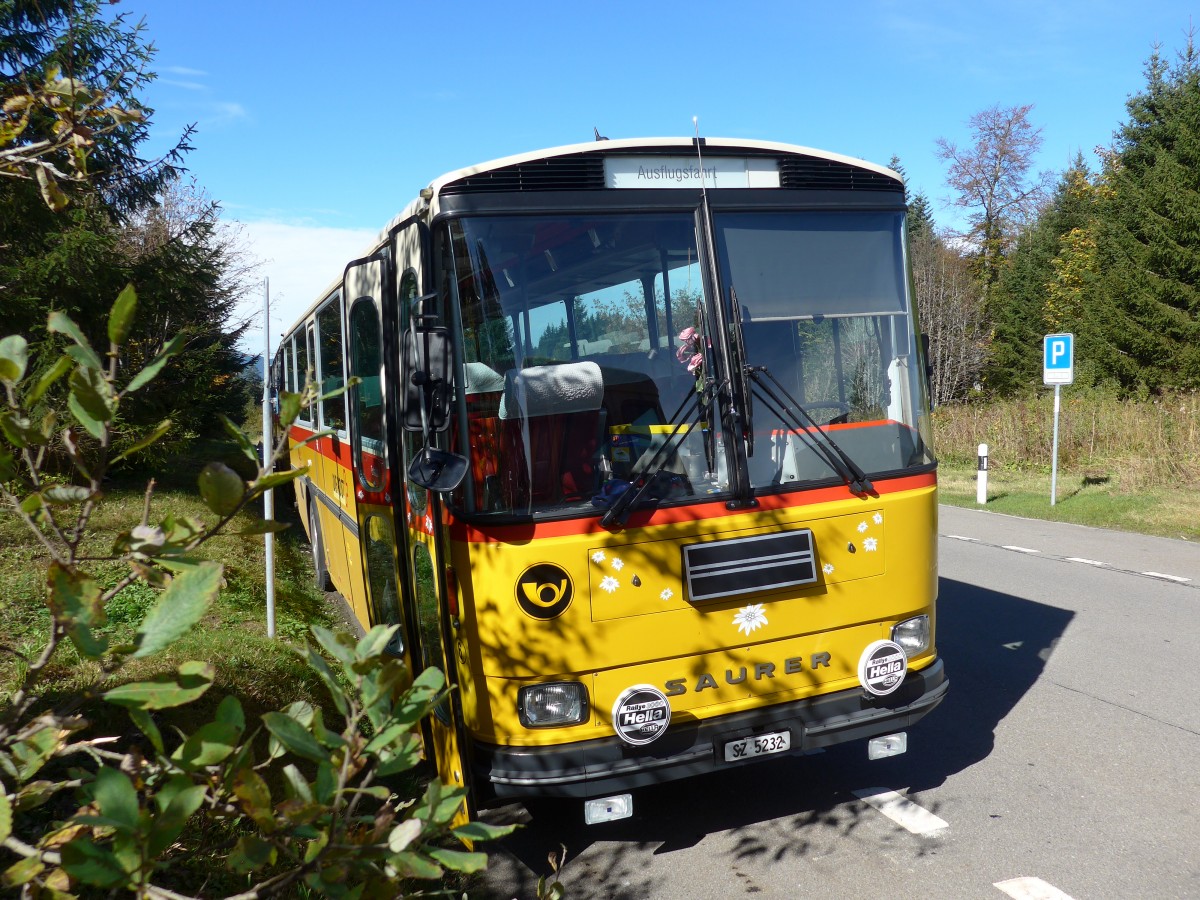 (155'632) - F�ssler, Unteriberg - Nr. 6/SZ 5232 - Saurer/R&J (ex Sch�rch, Gutenburg Nr. 6; ex P 24'358) am 12. Oktober 2014 in Willerzell, Rest. Sattelegg