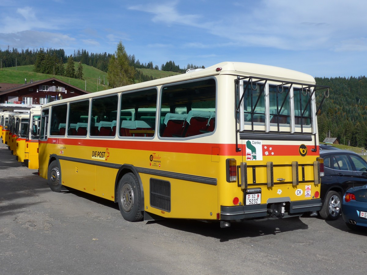 (155'667) - F�ssler, Unteriberg - Nr. 6/SZ 5232 - Saurer/R&J (ex Sch�rch, Gutenburg Nr. 6; ex P 24'358) am 12. Oktober 2014 in Willerzell, Rest. Sattelegg