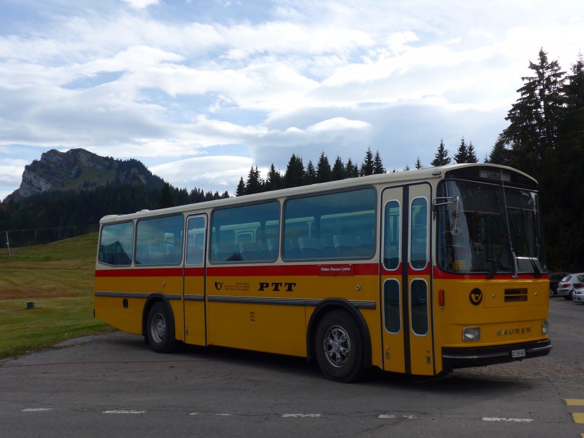 (155'673) - Inkamp, Altendorf - SZ 200'081 - Saurer/T�scher (ex Koch, Giswil; ex Selfors, Meiringen; ex P 24'236) am 12. Oktober 2014 in Willerzell, Rest. Sattelegg
