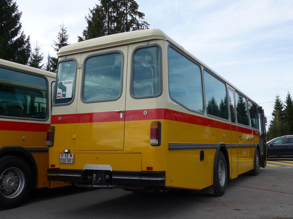 (155'674) - Inkamp, Altendorf - SZ 200'081 - Saurer/T�scher (ex Koch, Giswil; ex Selfors, Meiringen; ex P 24'236) am 12. Oktober 2014 in Willerzell, Rest. Sattelegg