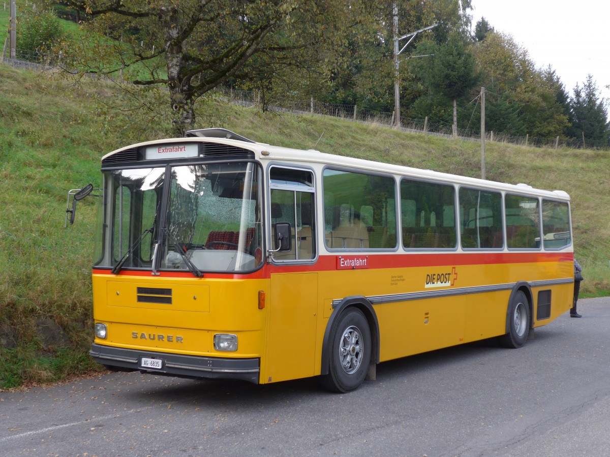 (155'682) - Gautschi, Suhr - AG 6835 - Saurer/T�scher (ex L�tscher, Neuheim Nr. 200; ex Cartek, Regensdorf; ex P 25'822) am 12. Oktober 2014 in K�ssnacht, Rest. Frohsinn