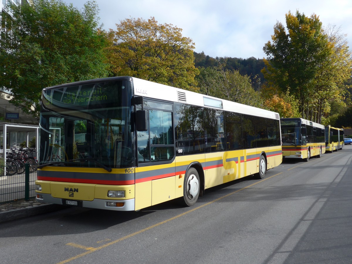 (156'130) - STI Thun - Nr. 100/BE 577'100 - MAN am 27. Oktober 2014 bei der Schiffl�ndte Thun
