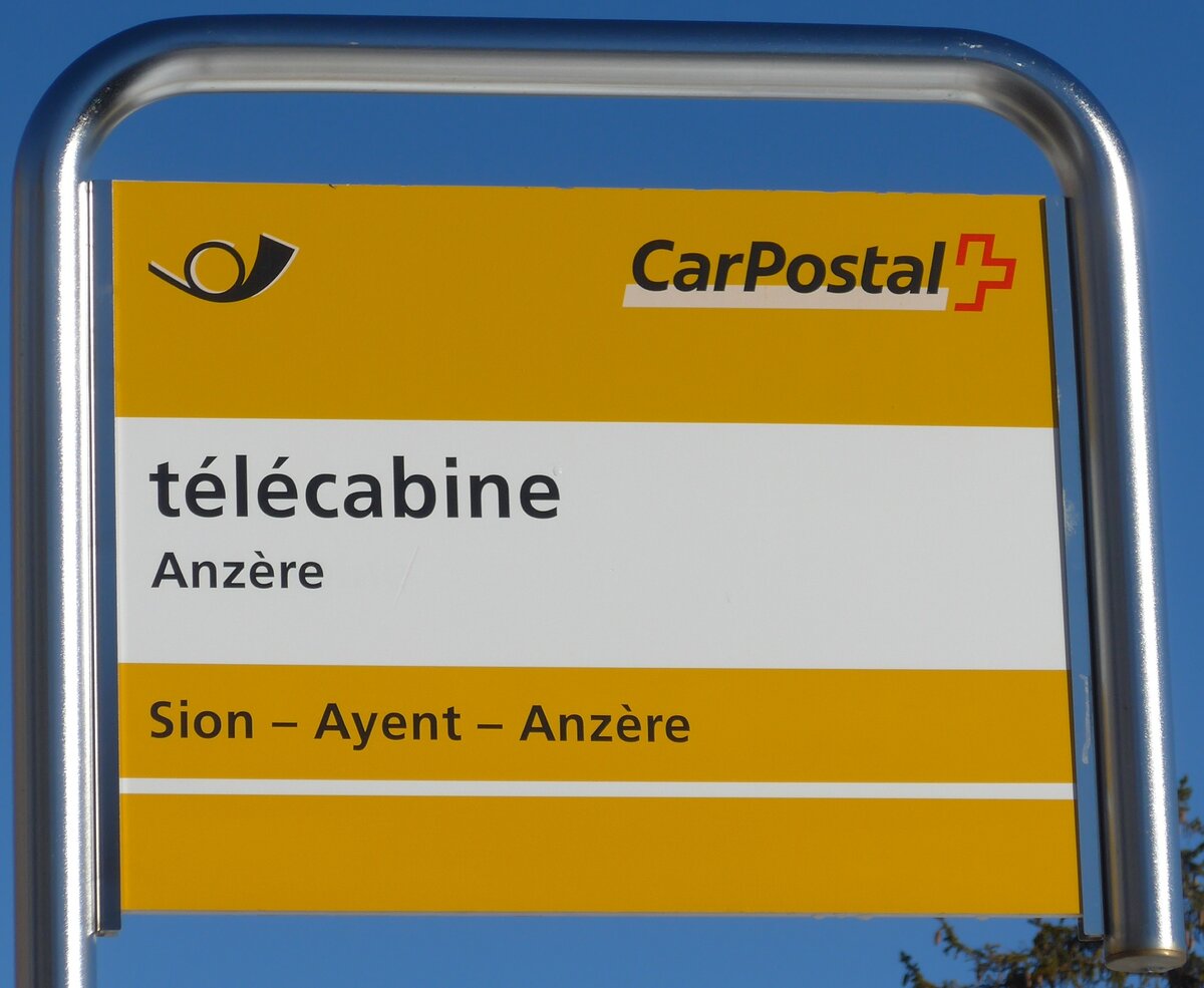 (158'060) - PostAuto-Haltestellenschild - Anz�re, t�l�cabine - am 1. Januar 2015