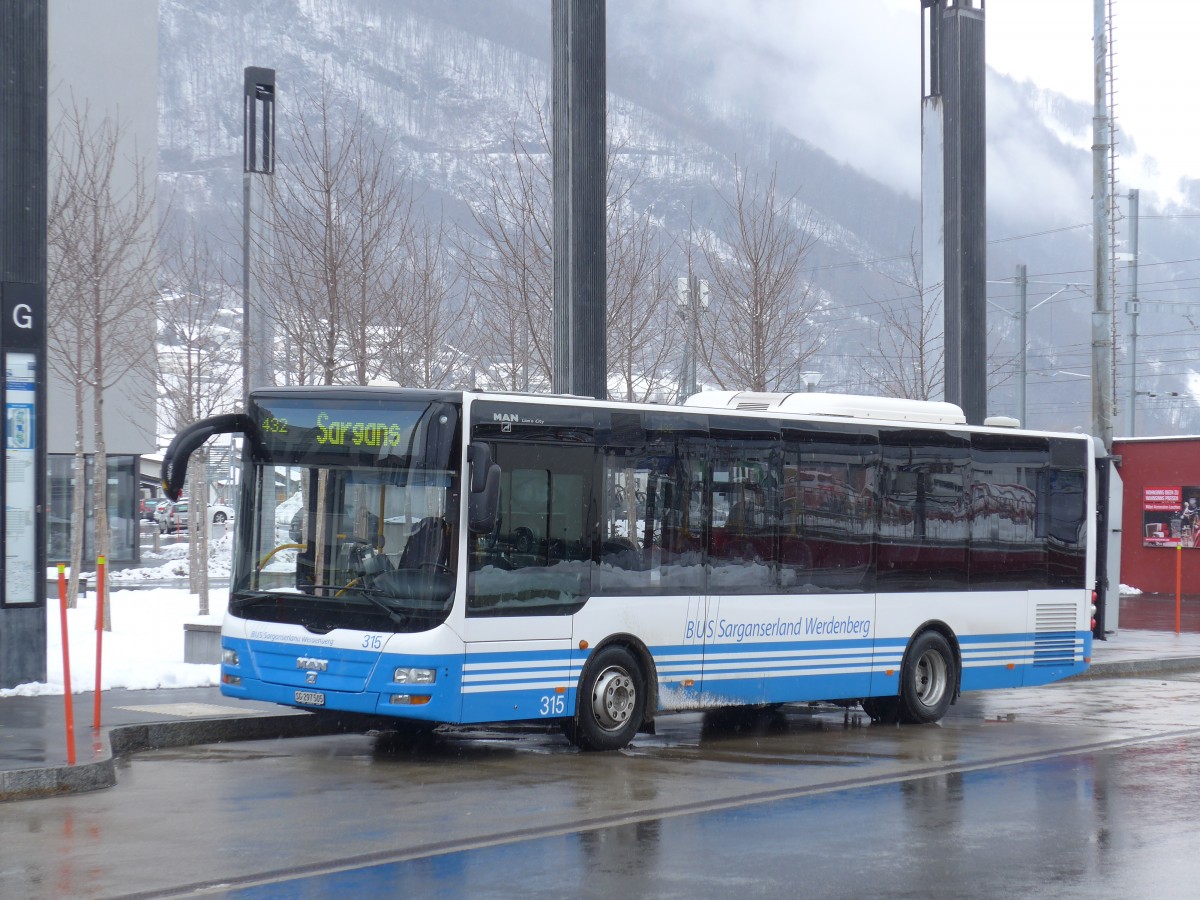 (158'529) - BSW Sargans - Nr. 315/SG 297'505 - MAN/G�ppel am 1. Februar 2015 beim Bahnhof Sargans
