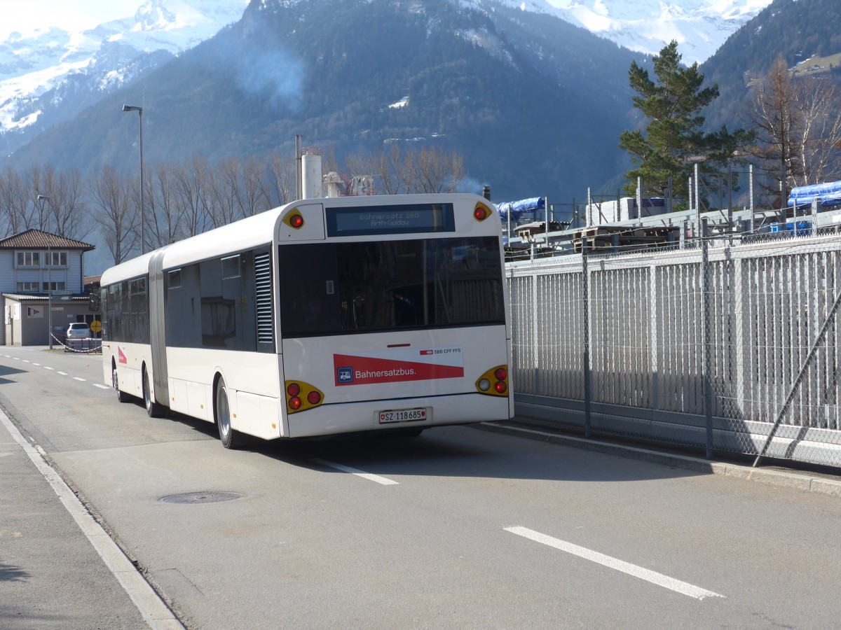 (159'301) - AAGS Schwyz - Nr. 85/SZ 118'685 - Solaris (ex VR La Chaux-de-Fonds Nr. 261) am 18. M�rz 2015 beim Bahnhof Fl�elen
