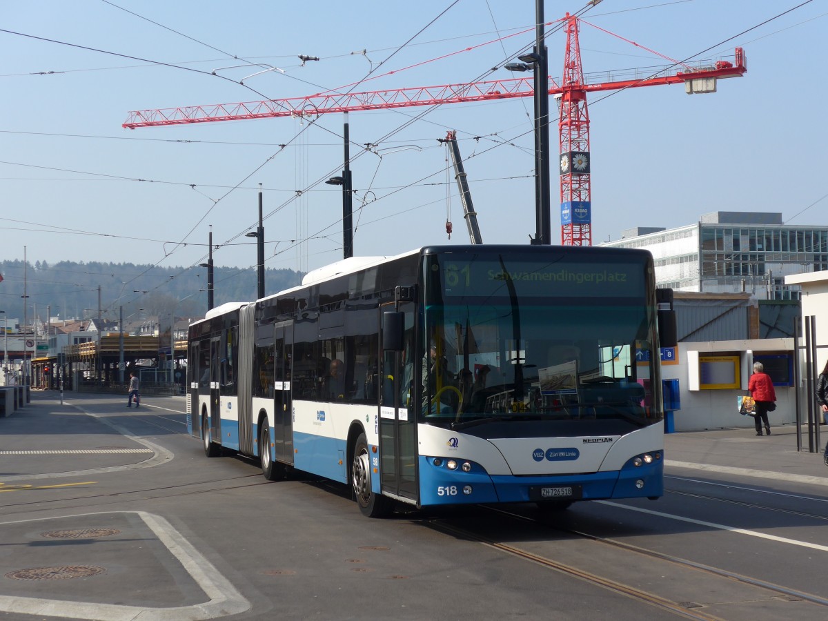(159'411) - VBZ Z�rich - Nr. 518/ZH 726'518 - Neoplan am 19. M�rz 2015 beim Bahnhof Z�rich-Oerlikon