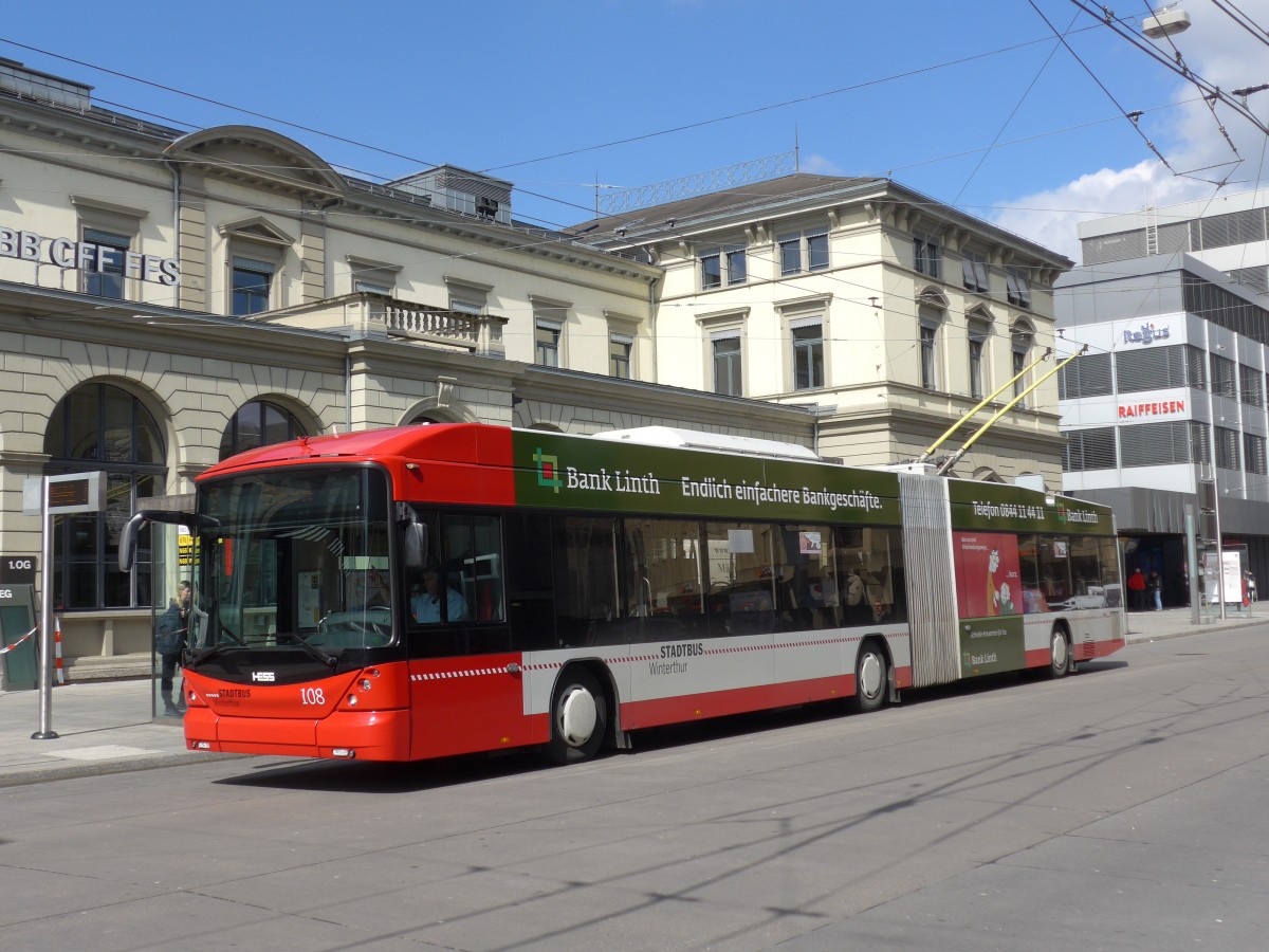 (159'457) - SW Winterthur - Nr. 108 - Hess/Hess Gelenktrolleybus am 27. M�rz 2015 beim Hauptbahnhof Winterthur