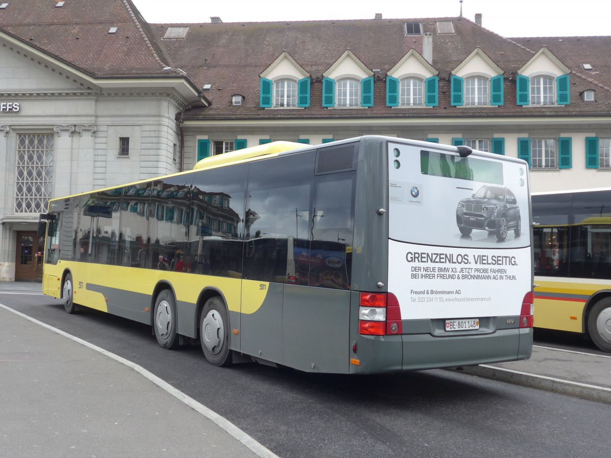 (159'540) - STI Thun - Nr. 148/BE 801'148 - MAN am 30. M�rz 2015 beim Bahnhof Thun