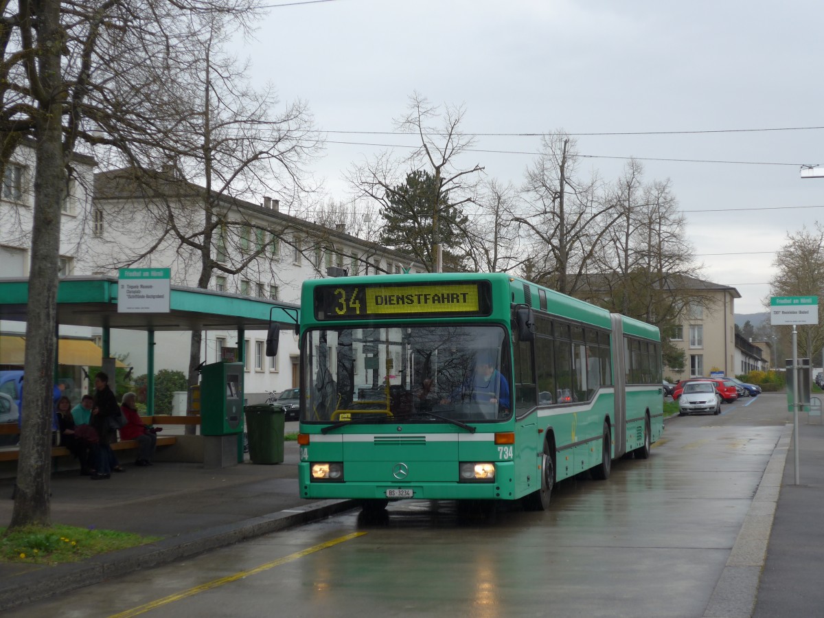 (159'780) - BVB Basel - Nr. 734/BS 3234 - Mercedes (ex VAG Freiburg/D Nr. 933) am 11. April 2015 in Riehen, Friedhof am H�rnli