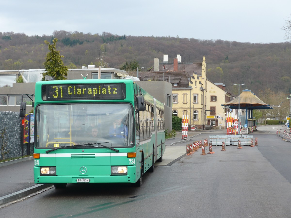 (159'813) - BVB Basel - Nr. 734/BS 3234 - Mercedes (ex VAG Freiburg/D Nr. 933) am 11. April 2015 in Riehen, H�rnli