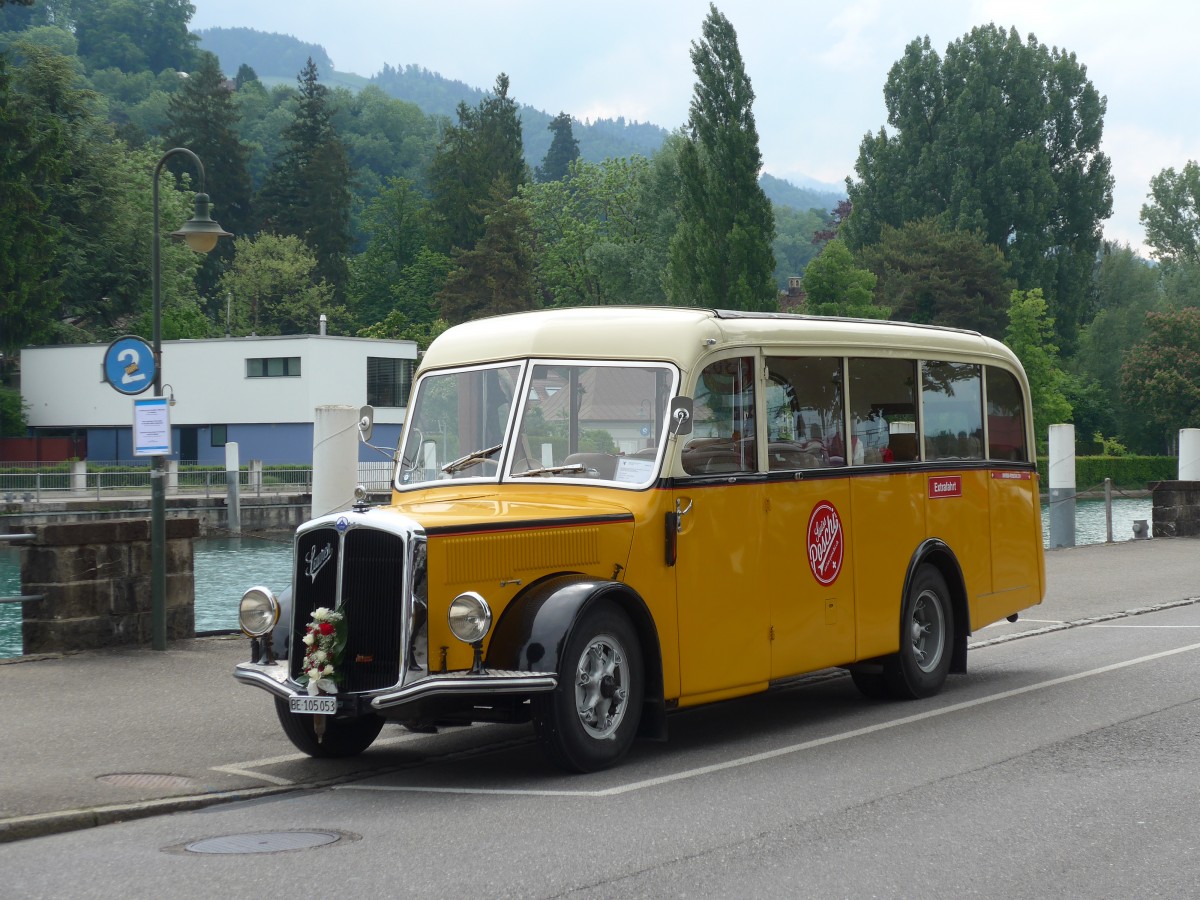(160'724) - Blaser, Unterseen - BE 105'053 - Saurer/T�scher (ex Gessinger, Bad Ragaz) am 23. Mai 2015 bei der Schiffl�ndte Thun