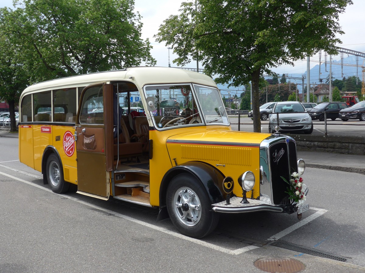 (160'726) - Blaser, Unterseen - BE 105'053 - Saurer/T�scher (ex Gessinger, Bad Ragaz) am 23. Mai 2015 bei der Schiffl�ndte Thun