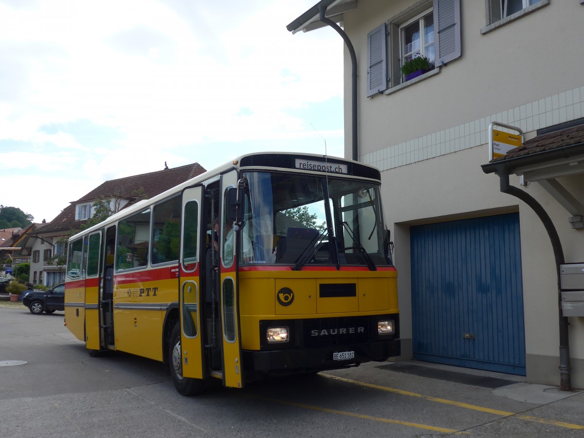 (161'455) - Bernair, M�nsingen - BE 651'182 - Saurer/T�scher (ex Schebath, Lauerz; ex Albin, F�llanden; ex Heim, Flums) am 30. Mai 2015 in Detligen, Post